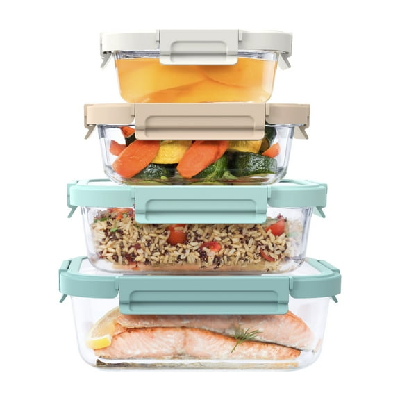 Bentgo® Glass Leak-Proof Food Storage Set - 8 Piece Stackable 1-Compartment Meal Prep Containers & Airtight Locking Lids, Reusable, BPA-Free, Microwave, Freezer, Oven, Dishwasher Safe (Coastal Beach)