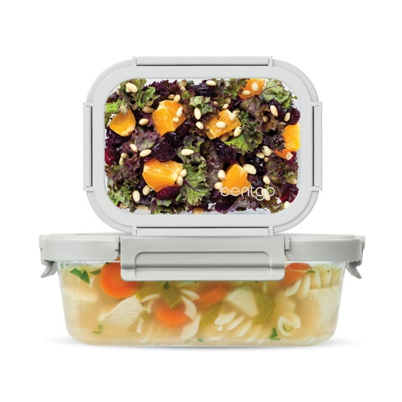 Bentgo Glass Leak-Proof Food Storage 4-Piece Set (One 2.7 Cup Container and One 4.4 Cup Container) - Durable 1-Compartment Meal Prep Containers & Airtight Locking Lids (Pebble/Fog)