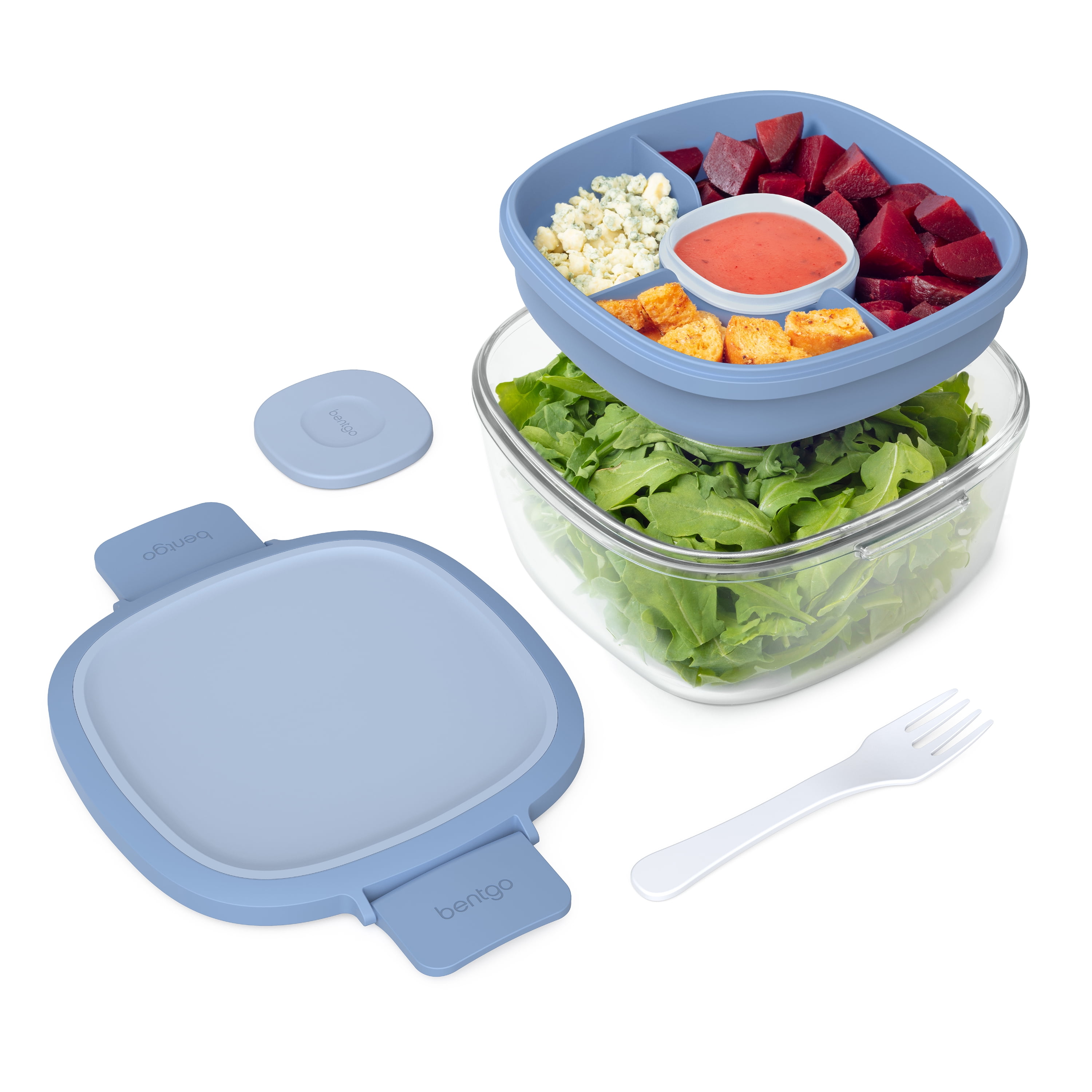 Large 52 oz. Salad Lunch Container, Salad Bowl with 3-compartments, 2-oz. Sauce Container for Dressings and Built-in Stainless Steel Fork and PP Spoon