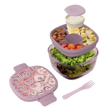 Bentgo Glass Prints All-in-One Salad Container - 61oz Tinted Glass Salad Bowl with Lid, Bento-Style Tray, Sauce Container, & Reusable Fork - Dishwasher & Microwave Safe (Floral Maximalist - Bouquet)