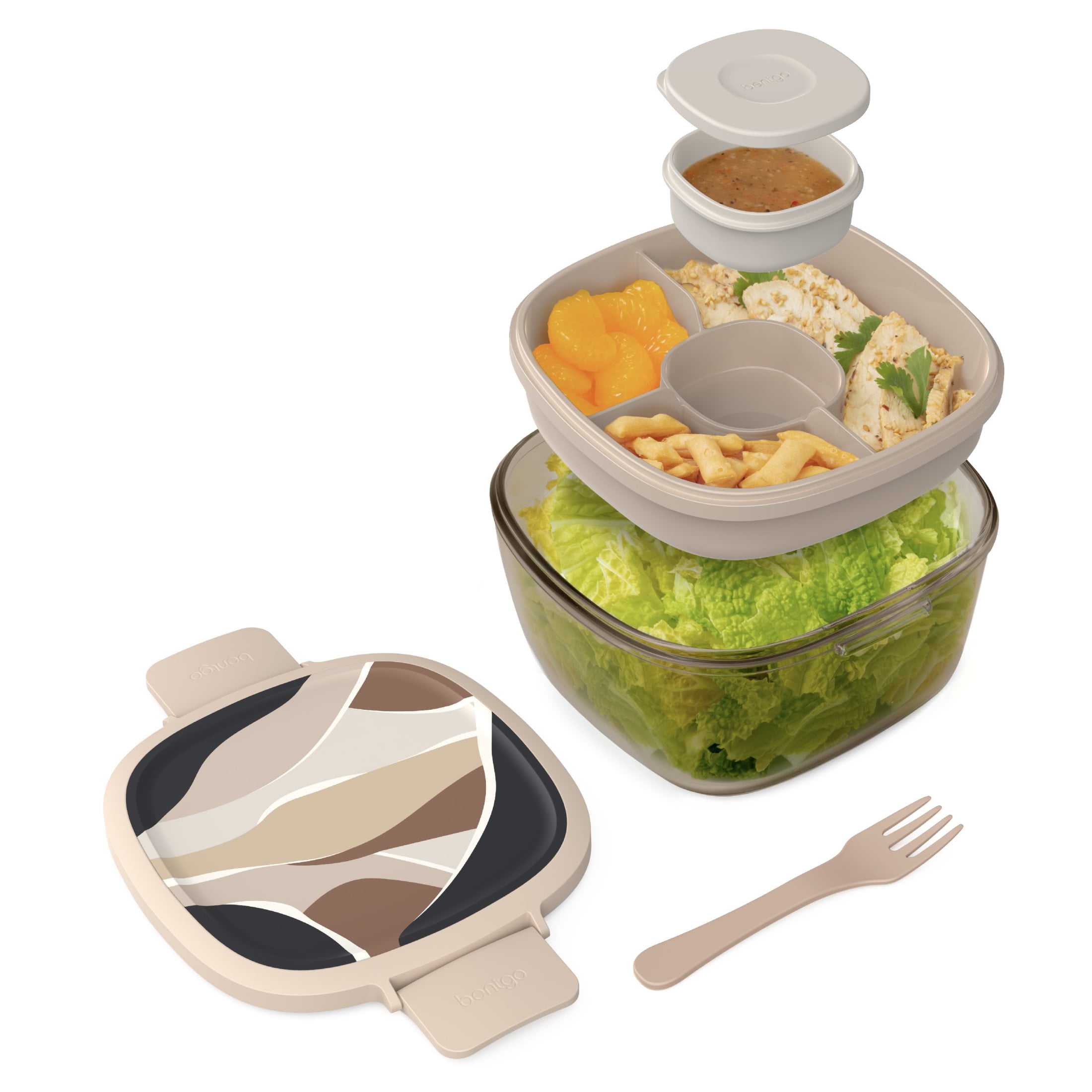 Bentgo Glass Prints All-in-One Salad Container - 61oz Tinted Glass Salad Bowl with Lid, Bento-Style Tray, Sauce Container, & Reusable Fork - Dishwasher & Microwave Safe (Inky Abstract - Neutrals)