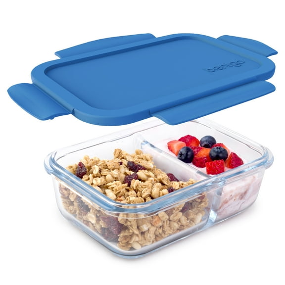 Bentgo Glass Snack - Leak-Proof Bento-Style Snack Container with Airtight Lid and Divided 2-Compartment Design - 1.75 Cup Capacity for Meal Prepping, and Portion-Controlled Snacking (Blue)