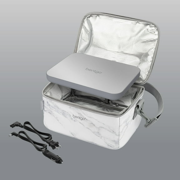 Bentgo Heat - Electric Lunch Bag & Food Warmer for Reheating Meals in Car, at Work & More - Heated Lunch Box Warmer for Adults, Students & Shift Workers, 12V/24V Auto & 120V Wall Cords (White Marble)