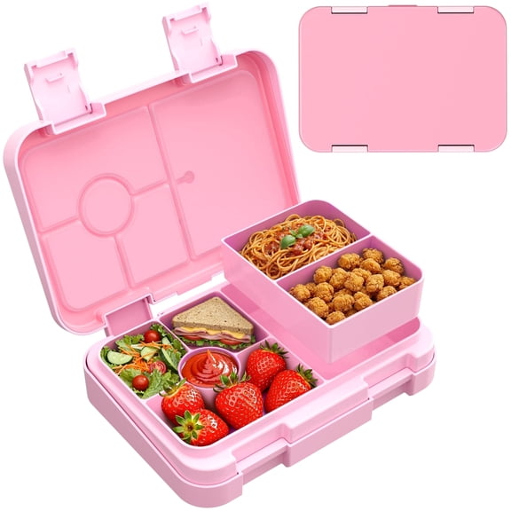 Bento Kids Lunch Box, 6 Compartments BPA Free Bento Box for Kids, Lunch Containers, Dishwasher Safe Back to School Snack Lunch Box, Ideal Portion Sizes On-the-Go Meal, Ages 3+,School(Pink)