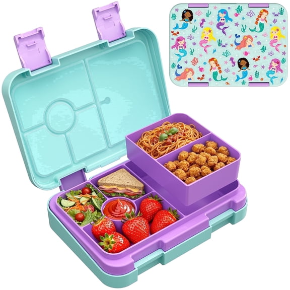 Bento Lunch Box, 6 Compartments BPA Free Bento Box, Lunch Containers, Dishwasher Safe ,Snack Lunch Box, Ideal Portion Sizes on-the-Go Meal(Green Patterne)