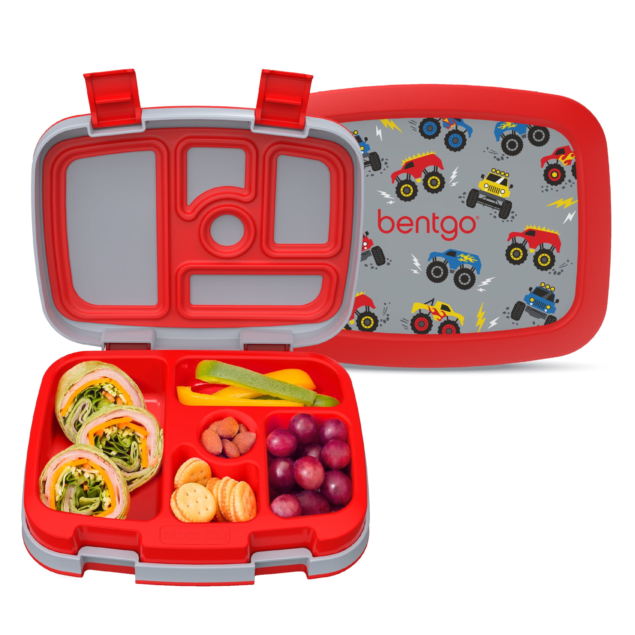 Bentgo Kids Prints Leak-Proof, 5-Compartment Bento-Style Kids Lunch Box - Ideal Portion Sizes for Ages 3-7, Durable, Drop-Proof, Dishwasher Safe, PFAS- & BPA-Free Materials (Trucks)