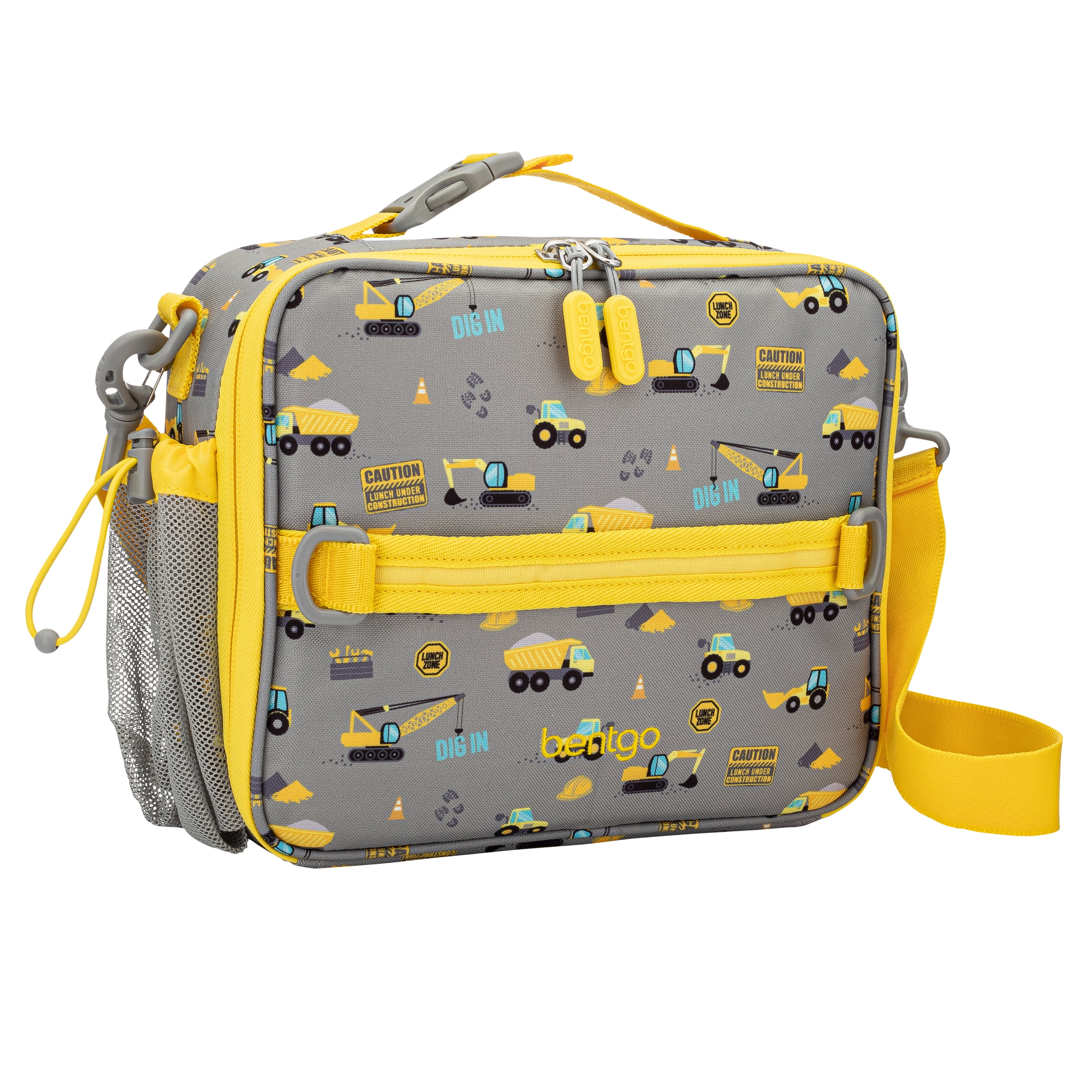Bentgo Kids' Prints Double Insulated Lunch Bag, Durable, Water-Resistant Fabric, Bottle Holder - Construction Trucks