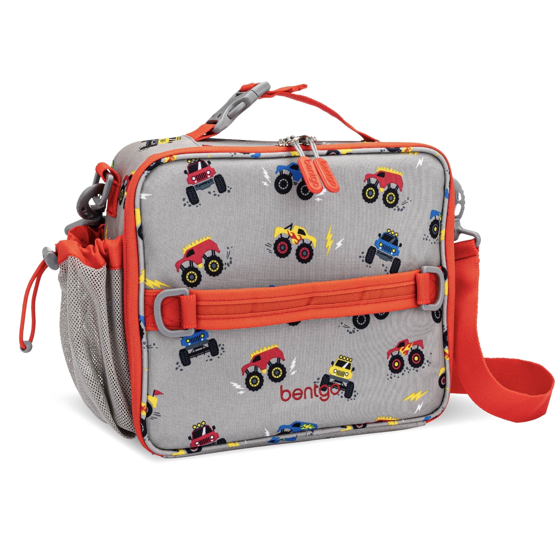 Bentgo Kids Lunch Bag - Double-Insulated, Reusable Lunch Bag for Kids 3+ with Adjustable Strap; Holds Lunch Box/Water Bottle/Snacks; Easy-Clean, Water-Resistant & Pockets (Trucks)