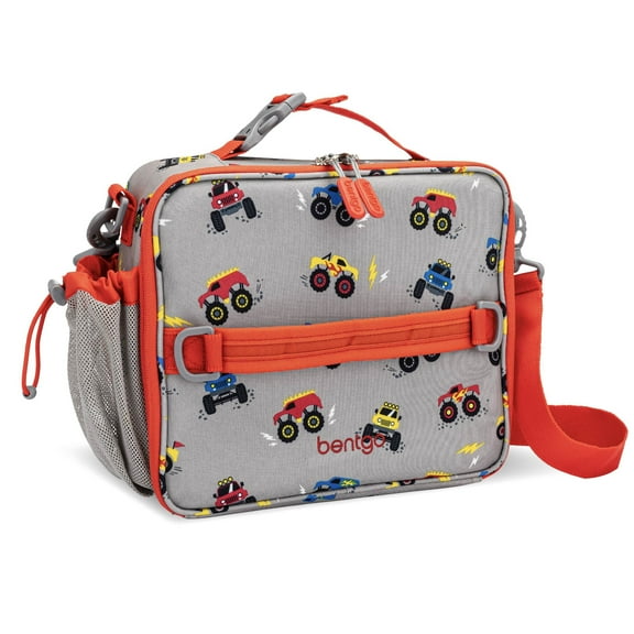Bentgo Kids Lunch Bag - Double-Insulated, Reusable Lunch Bag for Kids 3+ with Adjustable Strap; Holds Lunch Box/Water Bottle/Snacks; Easy-Clean, Water-Resistant & Pockets (Trucks)