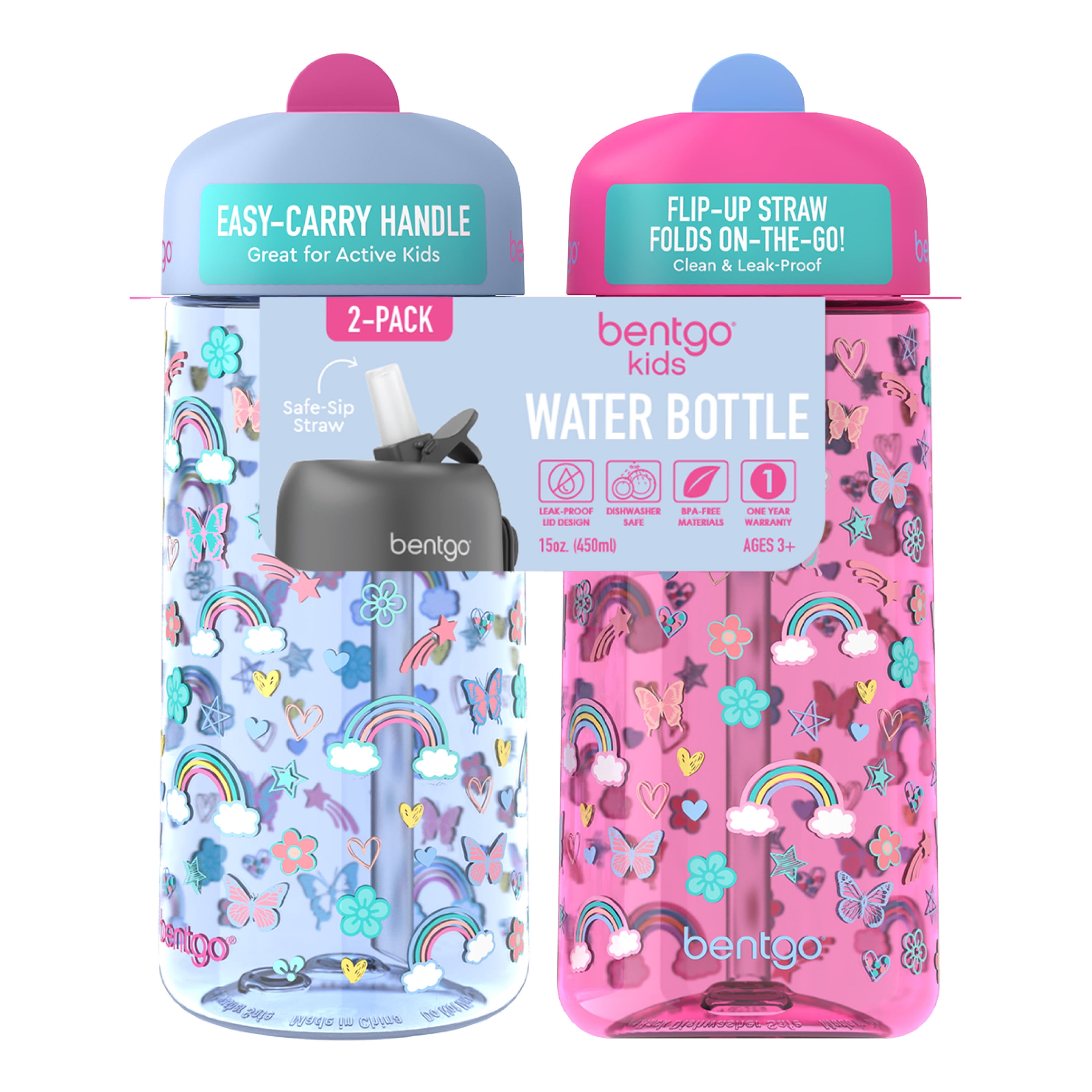 Bentgo Kids Prints Water Bottle 2-Pack - Rainbows and Butterflies