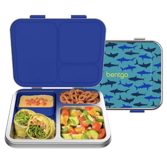 Bentgo Kids Stainless Steel Prints Leak-Resistant Lunch Box - 3-Compartments with Bonus Silicone Container, Durable, Eco-Friendly, Dishwasher Safe, BPA-Free, Ideal for School, Ages 3+ (Shark)