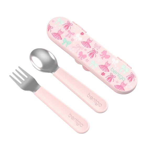 Bentgo Kids Stainless Steel Utensil Set - Reusable Fork, Spoon & Storage Case, PFAS- & BPA-Free, Easy-Grip Handles, Lightweight, Dishwasher Safe, School Lunch, Travel & Outdoors (NEW Ballet and Bows)