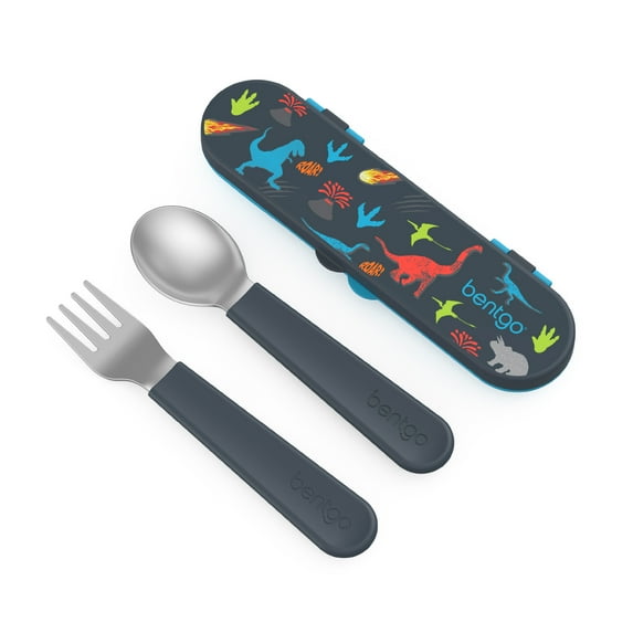 Bentgo Kids Stainless Steel Utensil Set - Reusable Fork, Spoon & Storage Case - High-Grade BPA-Free Stainless Steel, Easy-Grip Handles, Dishwasher Safe for School Lunch, Travel & Outdoors (Dinosaur)