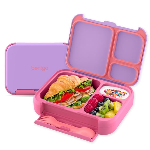 Bentgo Kids Stow & Go Lunch Box with Built-In Utensil, Leak-Proof Design, Removable Tray, Portion-Perfect Compartments for Kids and Teens (Lilac Pink)
