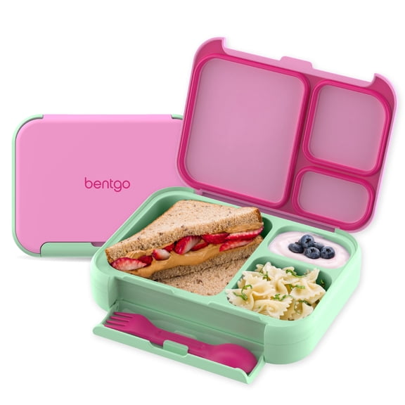 Bentgo Kids Stow & Go Lunch Box with Built-In Utensil, Leak-Proof Design, Removable Tray, Portion-Perfect Compartments for Kids and Teens (Strawberry)