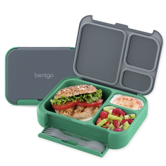 Bentgo Kids Stow & Go Lunch Box with Built-In Utensil, Leak-Proof Design, Removable Tray, Portion-Perfect Compartments for Kids and Teens (Gray Leaf)
