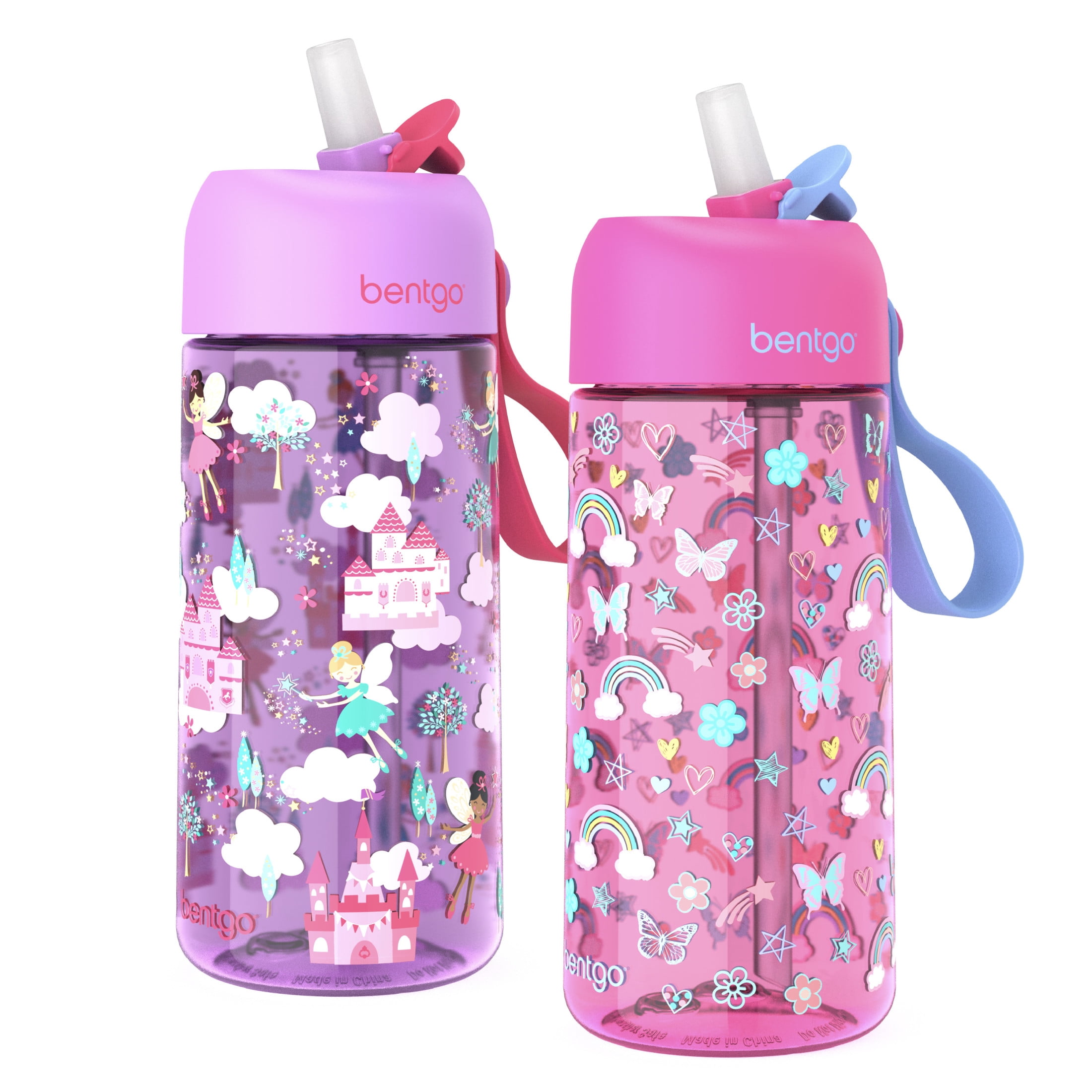 Bentgo Kids Leak-Proof BPA-Free Water Bottle Pack - 15 oz Cups with Flip-Up Straw (Rainbows & Butterflies/Fairies)