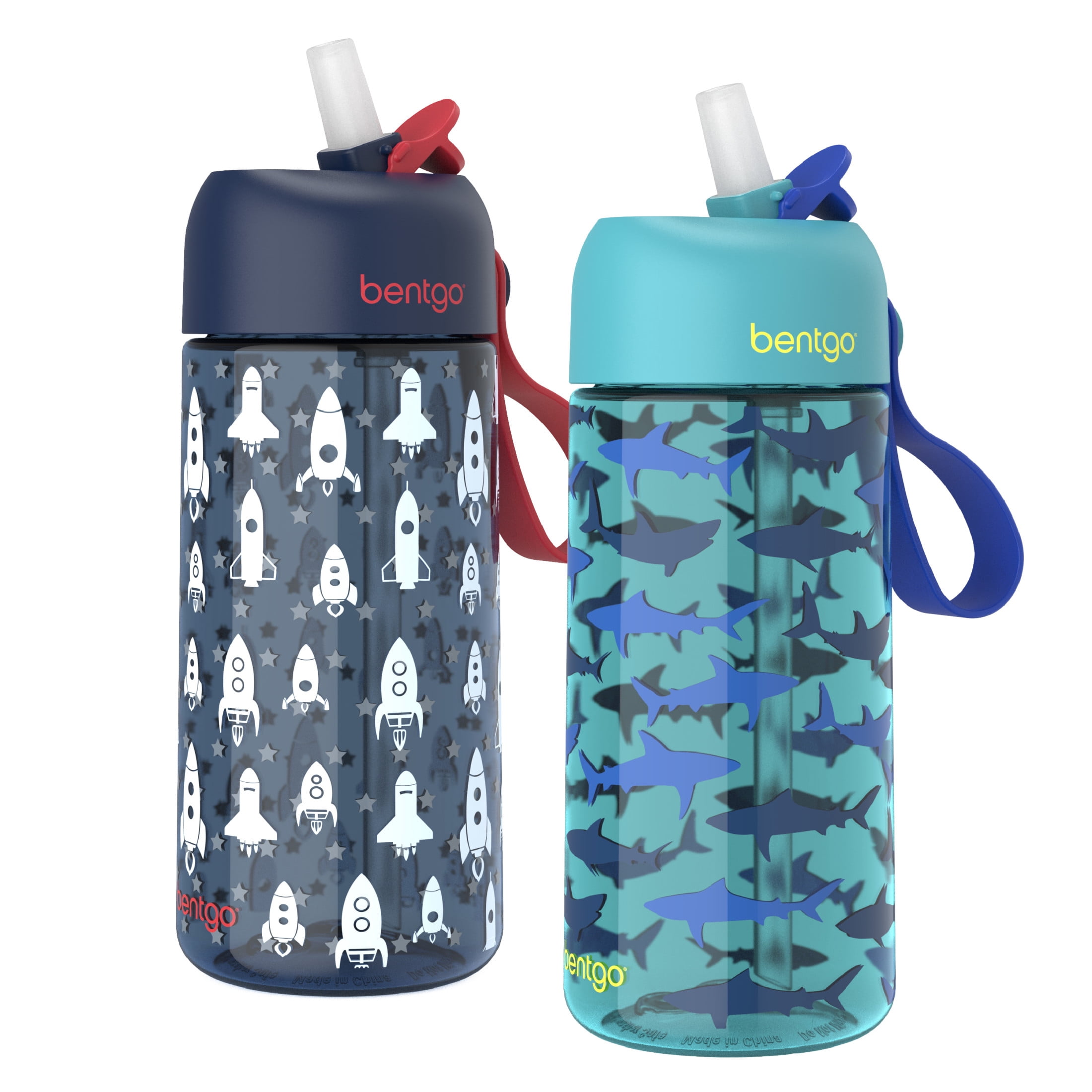 Bentgo Kids Water Bottle 2-Pack - Leak-Proof, Durable Tritan, BPA-Free 15 oz. Cup for Kids/Toddlers Ages 3+, Safe Sip Spout, & Dishwasher Safe for School/Sports/Daycare/Camp (Rocket/Shark)