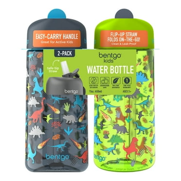 Bentgo Kids Water Bottle 2-Pack, Tritan Plastic Leak-Proof BPA-Free 15 oz Cups for Toddlers & Children - Flip-Up Safe-Sip Straw, Dinosaur