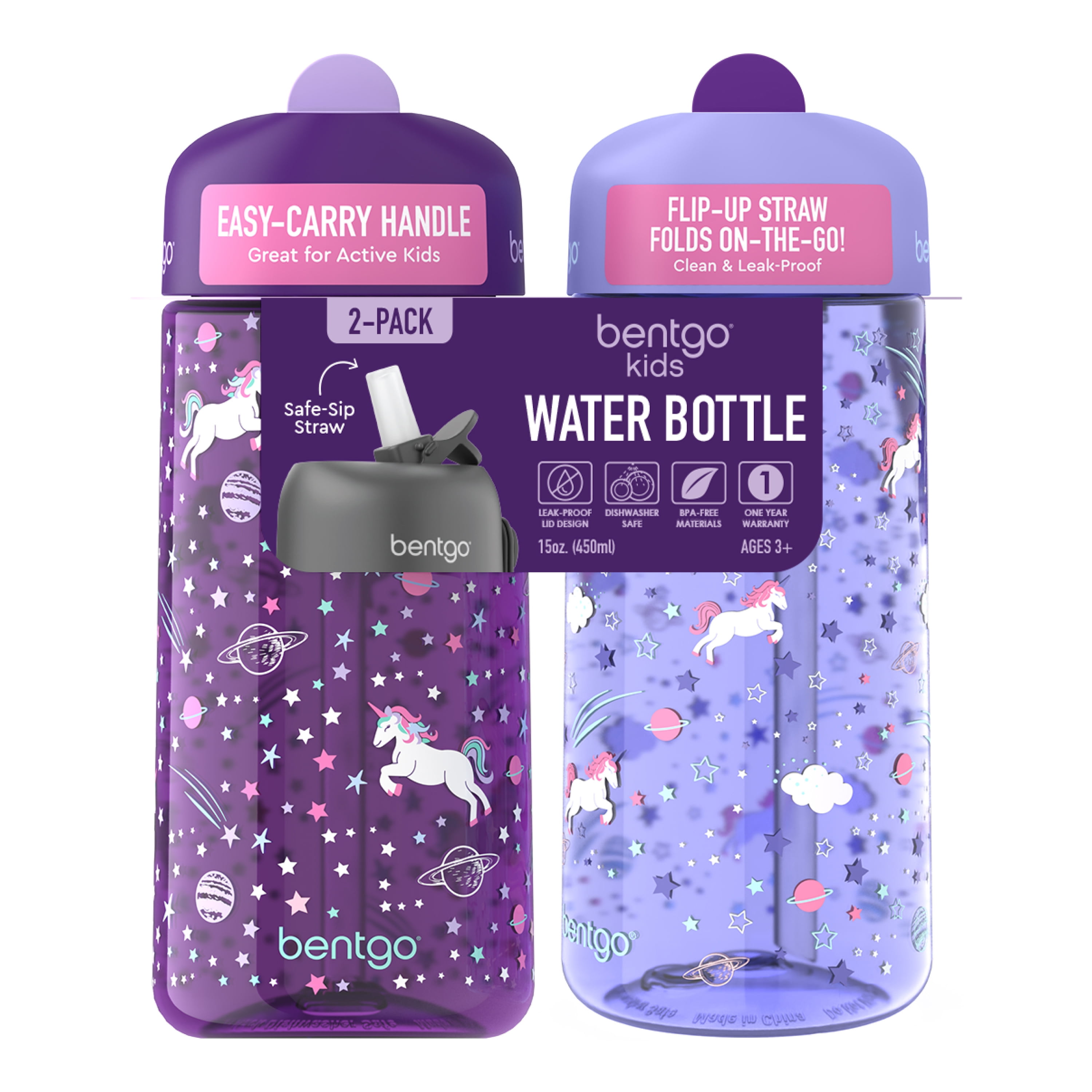 Bentgo Kids Water Bottle 2-Pack, Tritan Plastic Leak-Proof BPA-Free 15 oz Cups for Toddlers & Children - Flip-Up Safe-Sip Straw, Unicorn