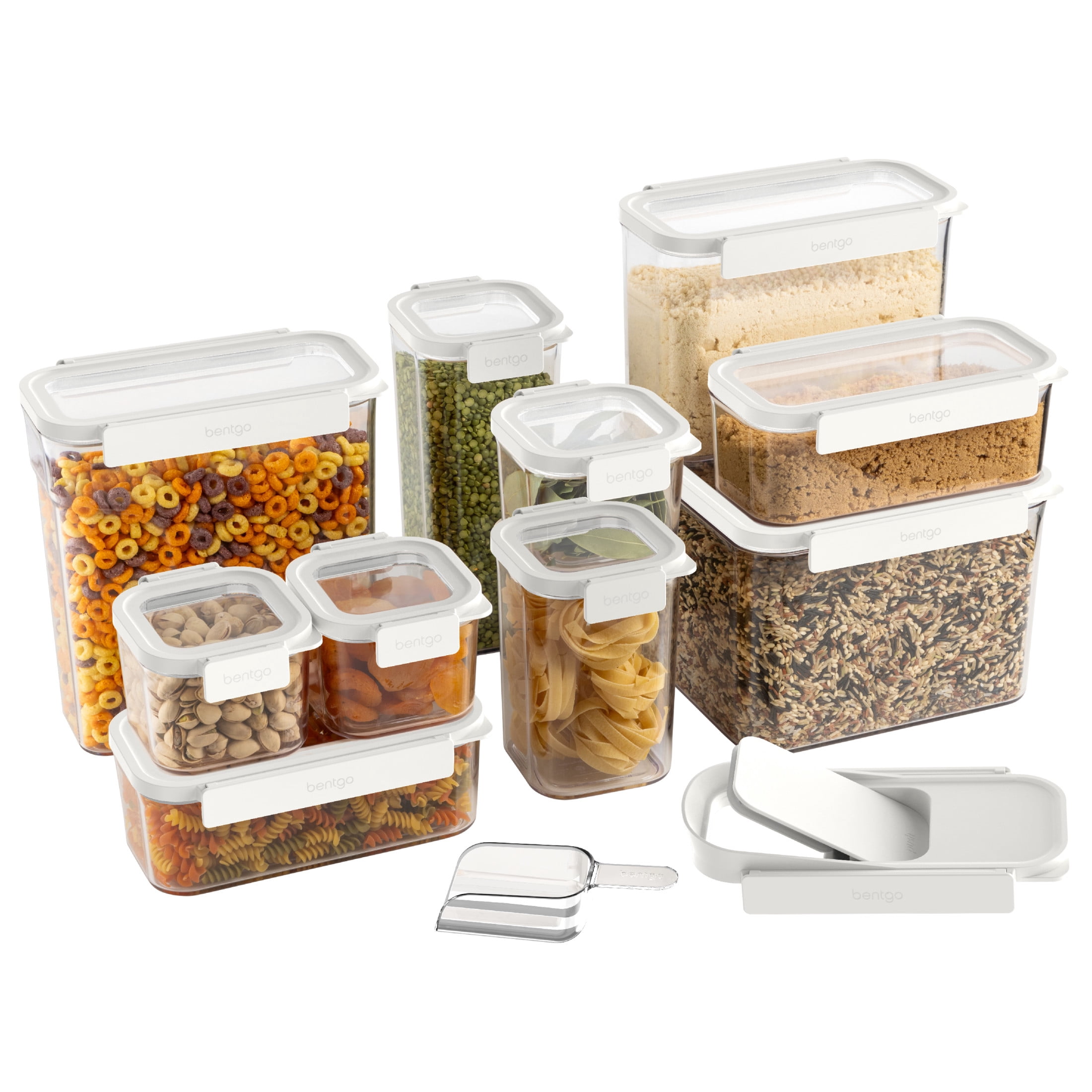Bentgo Pantry - 22-Piece Airtight Food Storage Containers, Clear and Stackable Kitchen and Pantry Organization Set, Locking Lids for Freshness, Bonus Cereal Lid & Scoop, BPA-Free Plastic (Snow)