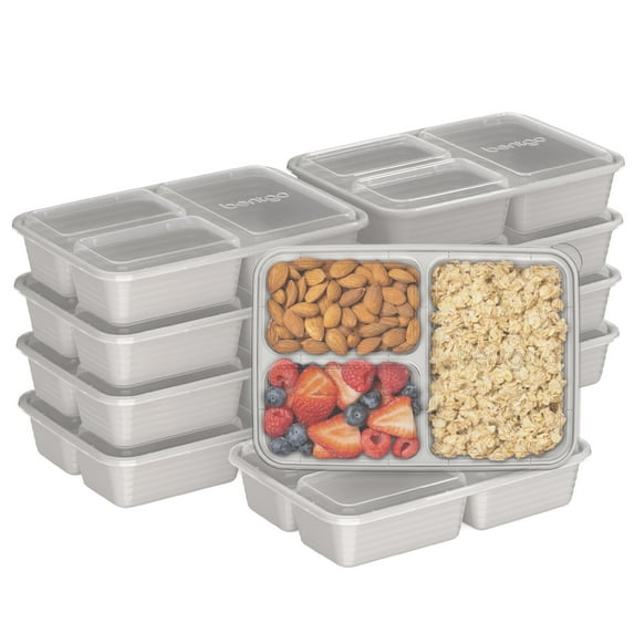 Bentgo Prep - 20-Piece 3-Compartment Reusable Meal Prep Containers with Lids, PFAS & BPA Free Materials, Durable, Microwave, Freezer, & Dishwasher Safe To Go Food Storage (Stone Gray)
