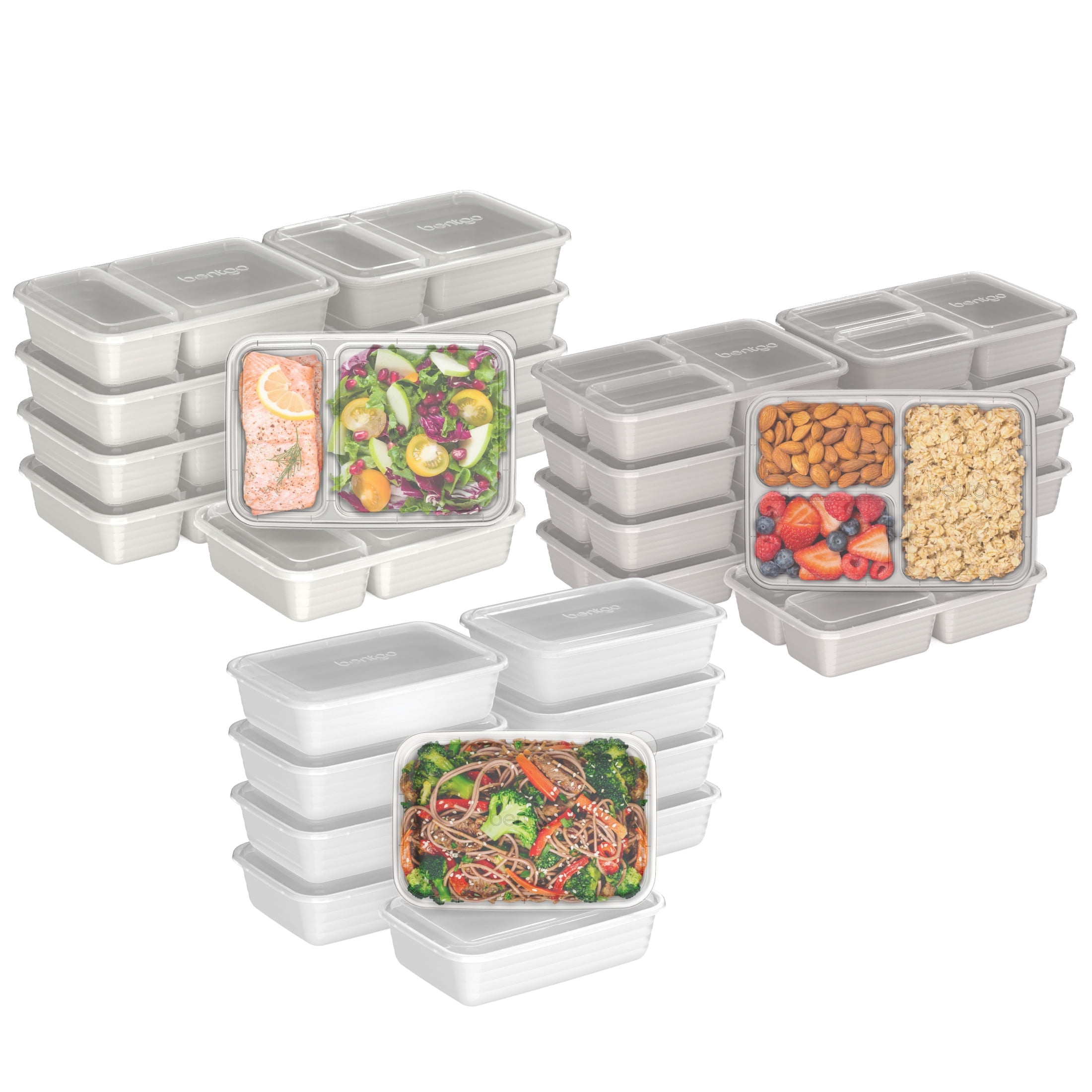 Bentgo Prep 60-Piece Meal Prep Kit - Reusable & BPA-Free Food Containers, 1-Compartment, 2-Compartment, & 3-Compartments - Microwave, Freezer, & Dishwasher Safe (White Stone)