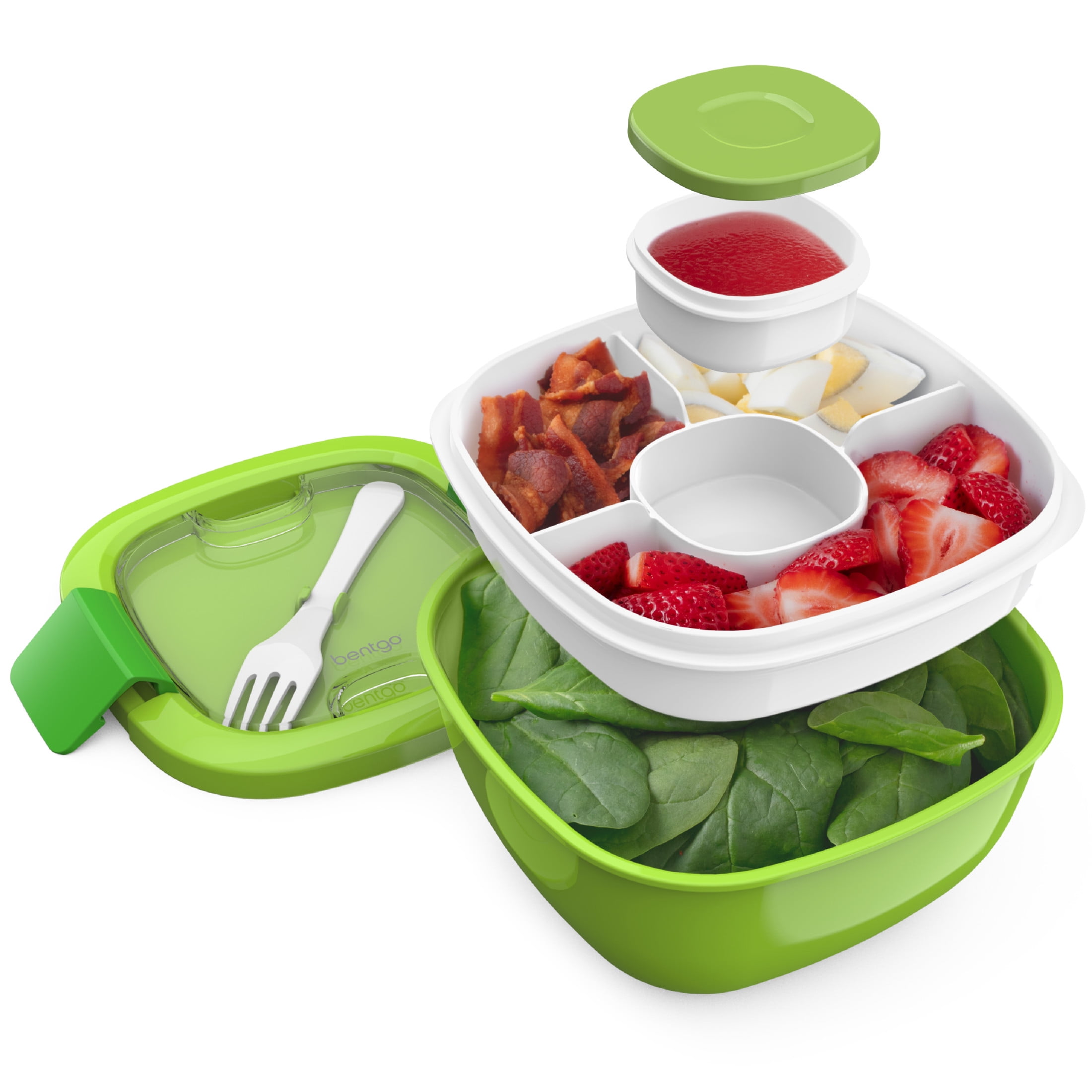 Bentgo Salad Container - 6.75 cup Bowl with 4-Compartment Toppings Tray, Leak-Proof Dressing Container, Reusable Fork, BPA-Free Lunch Box for Meal Prep & Food Storage; Removable Bento Tray (Green)