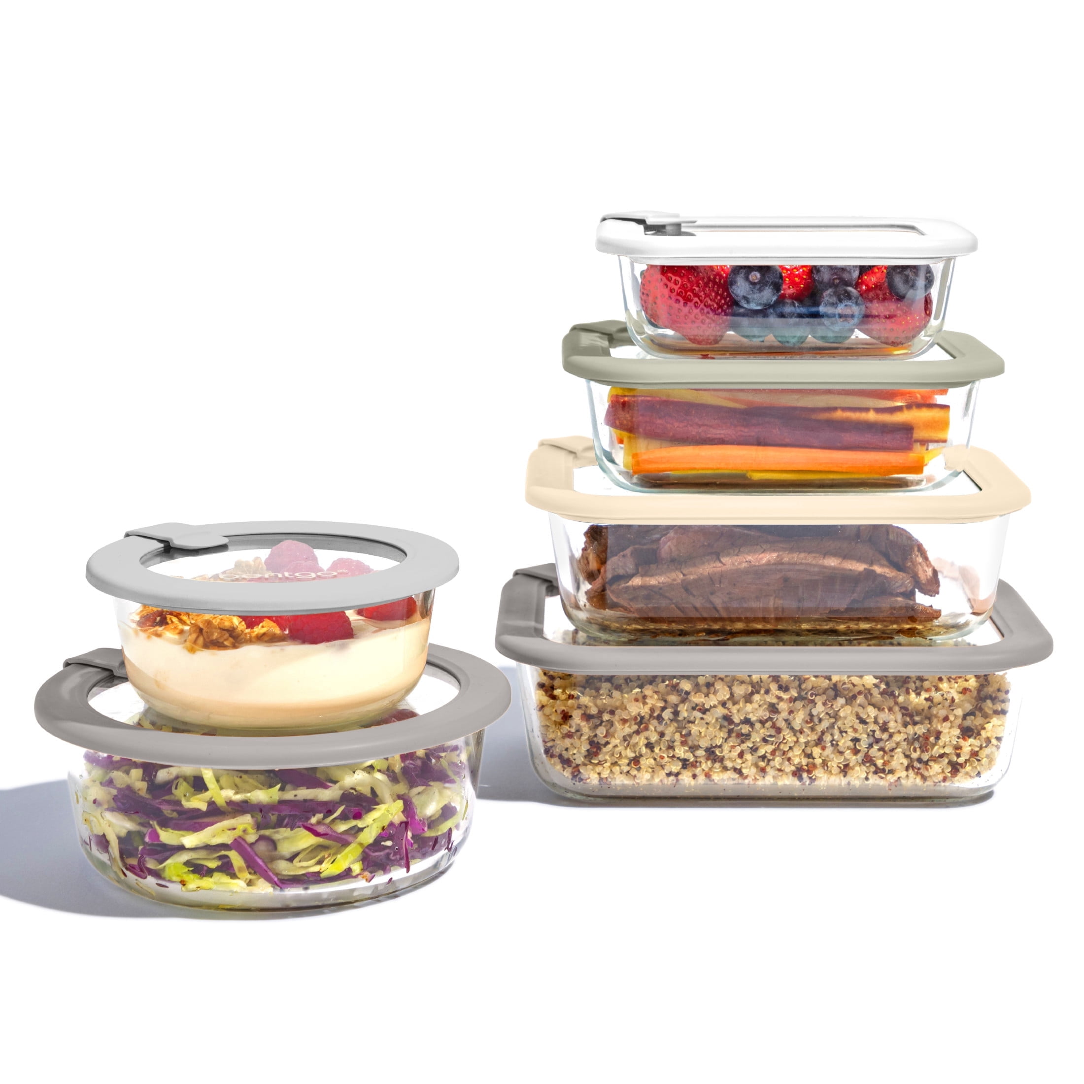 Bentgo Signature Leak-Proof Glass Food Storage - 12-Piece Set, 1-Compartment Plastic-Free Containers with Airtight Glass Lids, BPA-Free, Microwave, Freezer, Oven & Dishwasher Safe (White Stone)