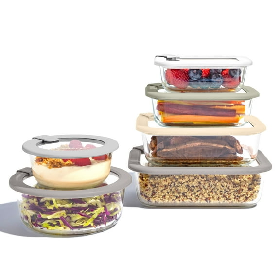Bentgo Signature Leak-Proof Glass Food Storage - 12-Piece Set, 1-Compartment Plastic-Free Containers with Airtight Glass Lids, BPA-Free, Microwave, Freezer, Oven & Dishwasher Safe (White Stone)
