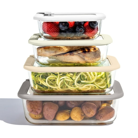 Bentgo Signature Leak-Proof Glass Food Storage - 8-Piece Set, 1-Compartment Plastic-Free Containers with Airtight Glass Lids, BPA-Free, Microwave, Freezer, Oven & Dishwasher Safe (White Stone)