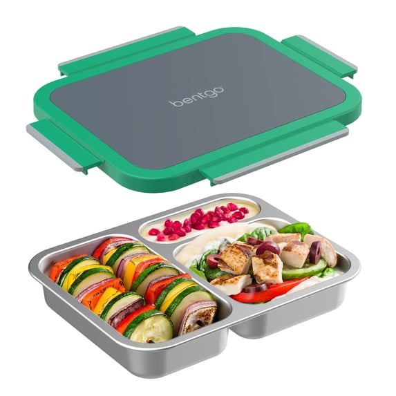Bentgo Stainless Steel Lunch Box - Leak-Proof, 3 Compartments, 4.3-Cup Capacity, Ideal for Kids 3+, Teens & Adults, Durable, Reusable (Gray Leaf)
