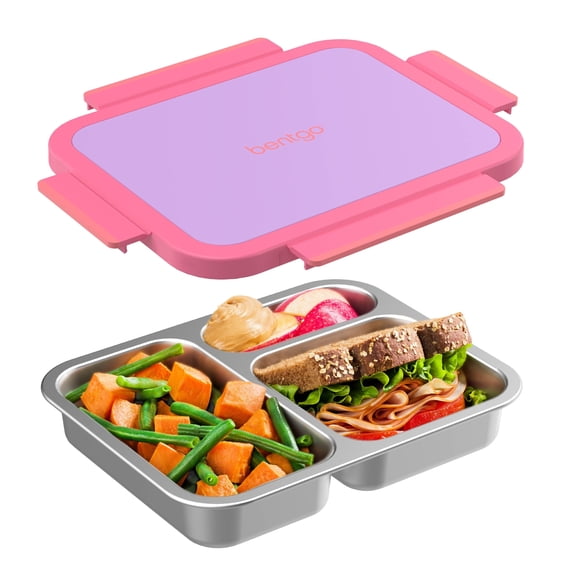 Bentgo Stainless Steel Lunch Box - Leak-Proof, 3 Compartments, 4.3-Cup Capacity, Ideal for Kids 3+, Teens & Adults, Durable, Reusable (Lilac)