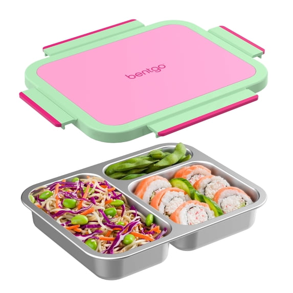 Bentgo Stainless Steel Lunch Box - Leak-Proof, 3 Compartments, 4.3-Cup Capacity, Ideal for Kids 3+,Teens & Adults, Durable, Reusable (Strawberry)
