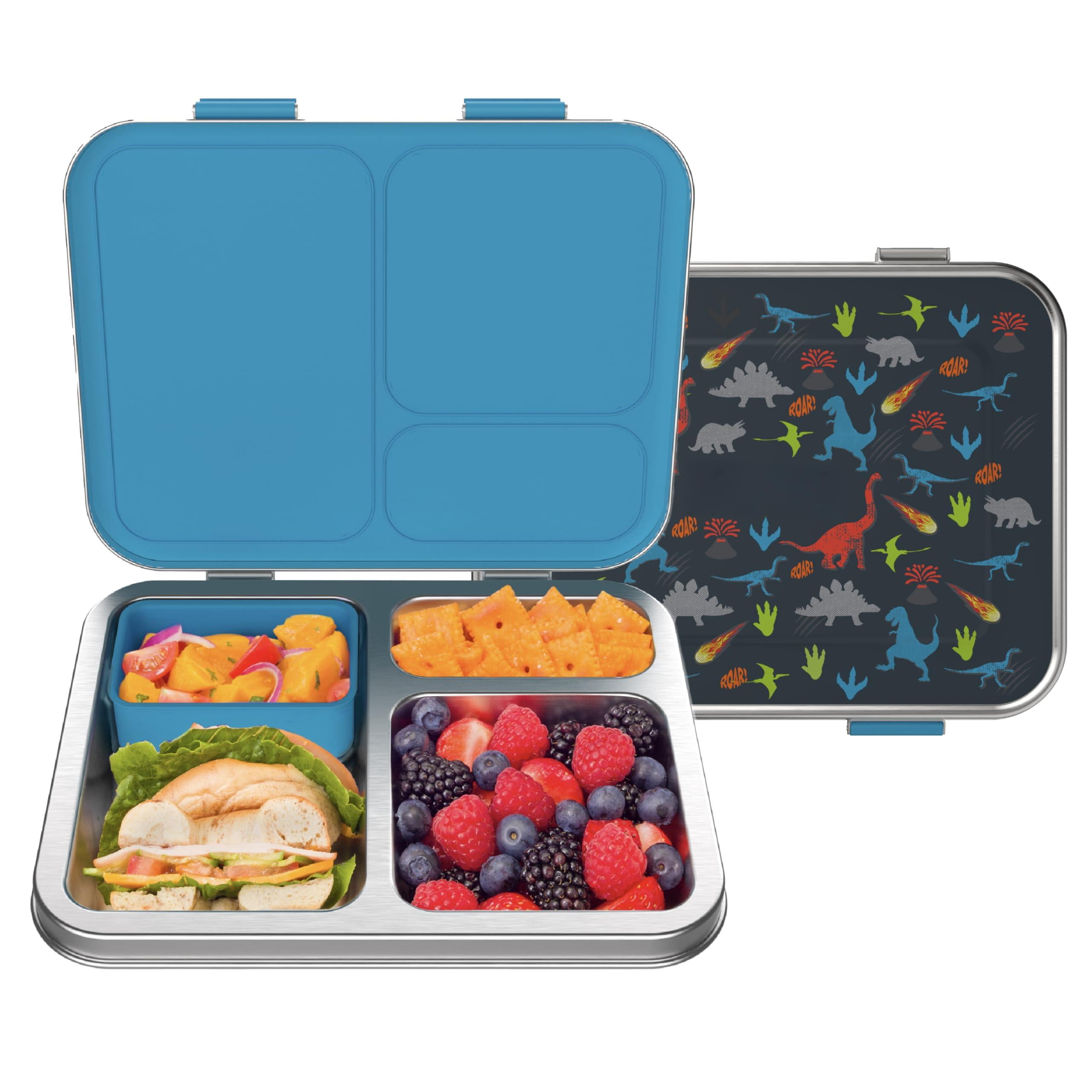 Bentgo Stainless Steel Prints Leak-resistant Lunch Box - 3-compartments With Bonus Silicone Container  Durable Dishwasher Safe Ideal For School Ages 3+ (dinosaur)