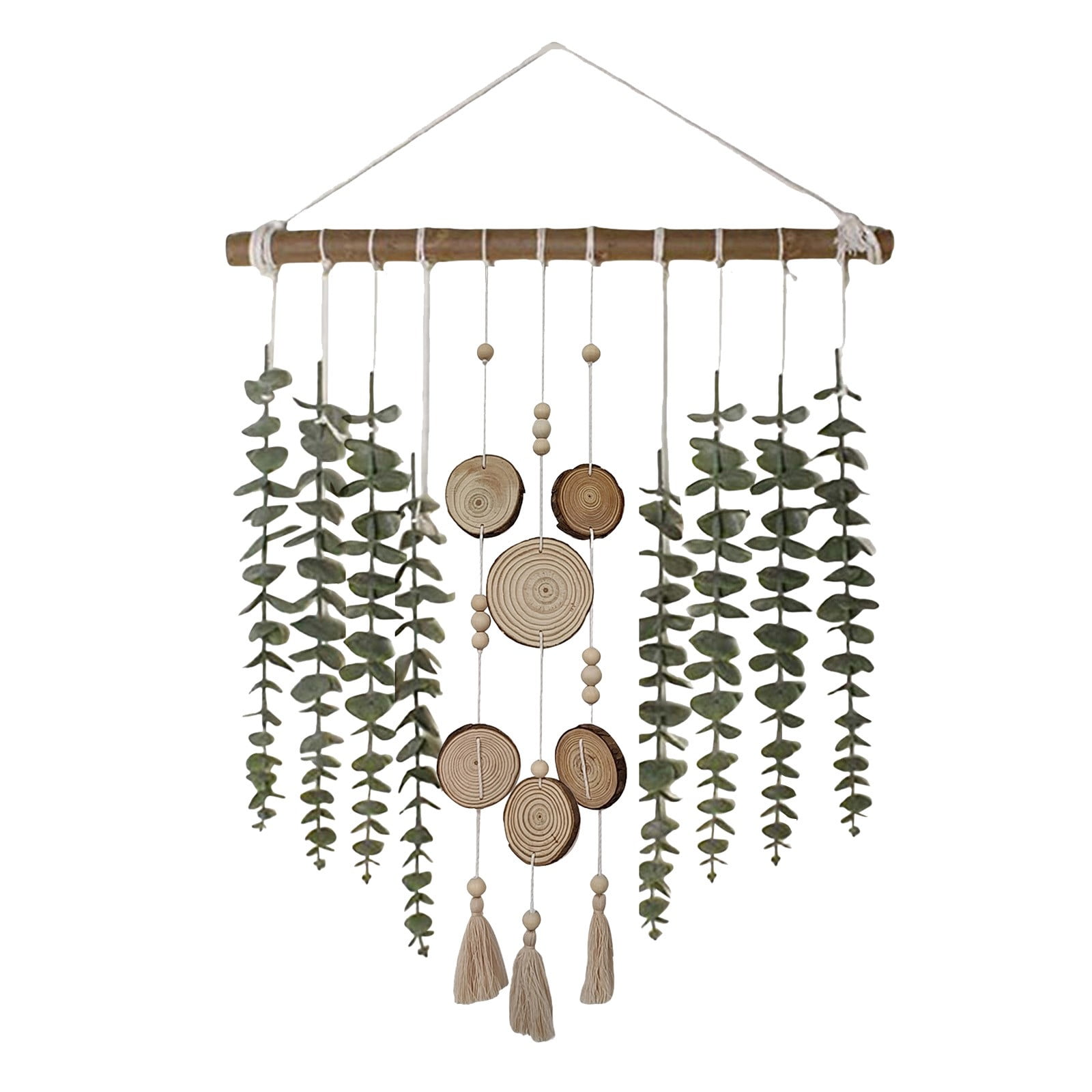Boho Rustic Green Eucalyptus Wall Hanging with Wooden Beads
