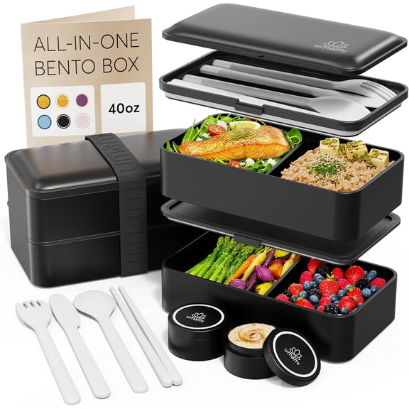 Bento Box Adult All-In-1 w/4 Utensils, 2 Sauce Jar, 2 Dividers, 100% Leakproof, Microwave & Dishwasher Safe, Stackable Bento Lunch Box Containers for Men/Women, Matte Black, 40 oz