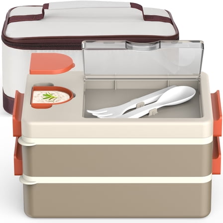 Bento Box Adult Lunch Box – 2-Layer Stackable Lunch Container with Utensils & Insulated Bag, 67oz Large Capacity, Leakproof & Microwave Safe, BPA-Free Bento Lunch Box for Work, Gym, Outdoor (Brown)