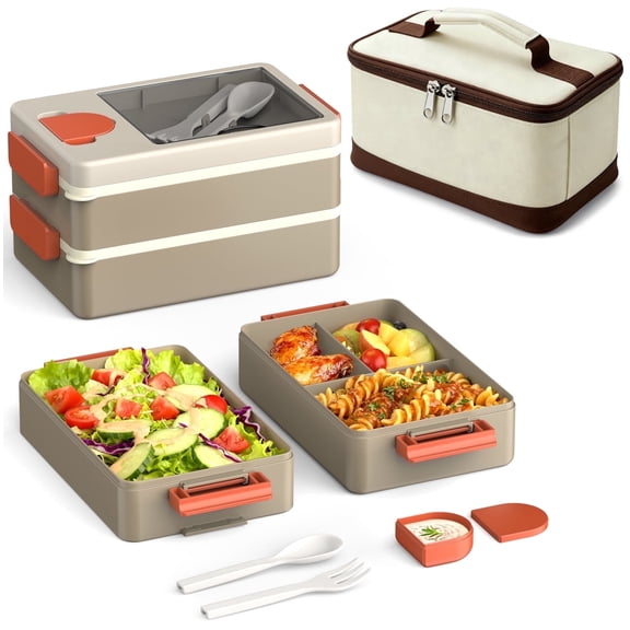 Adult Lunch Box – Bento Box & Lunch Containers for Adults, Stackable, Leakproof, Microwave Safe, Portable Lunchbox for Work, Travel, Meal Prep, Durable & Easy to Carry (Brown)