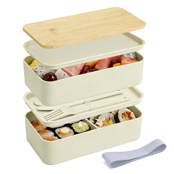 Stackable Bento Lunch Box, 1200ml/40oz Leak-Proof Food Container with Bamboo Lid, Portable Lunch Box with Utensils for Adults Kids Work School Picnic Camping