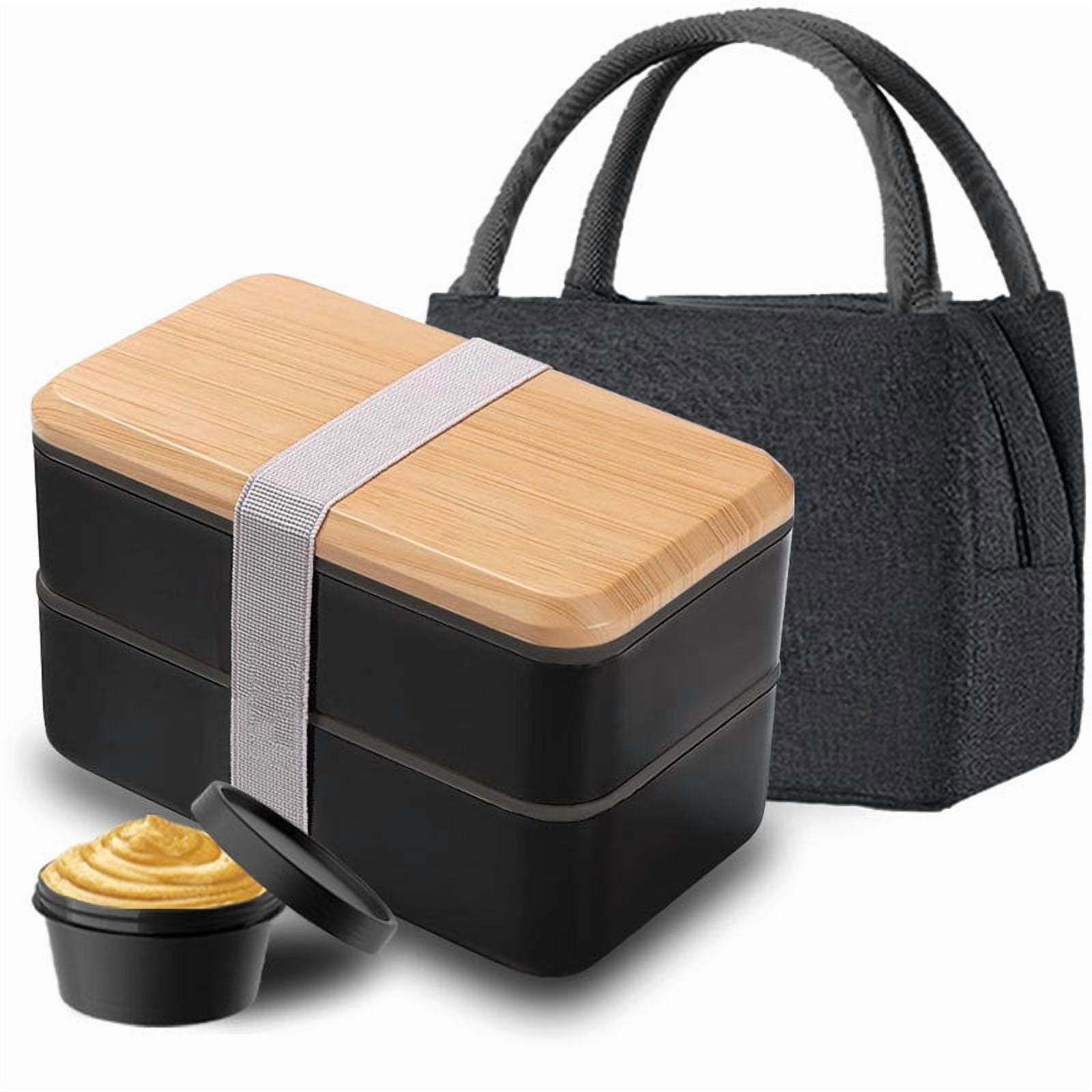 Bento Box Adult Lunch Box with Compartments for Women & Men,(1200ml)Stackable Japanese Bento Lunchbox,Rectangle Lunchable Food Container with Utensil Set Including sauce cup and insulation bag (black)