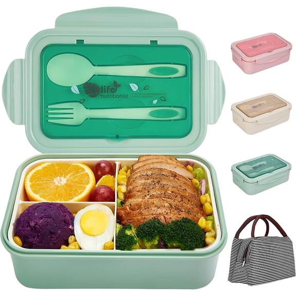 Bento Box,Adult Lunch Box,Containers for Adults Men Women with 3 Compartments, Lunchable Food Container with Lunch Bag, Spoon & Fork,47 Oz,Microwave & Dishwasher Safe,Green