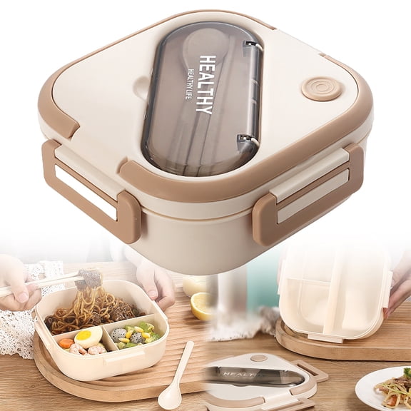 Bento Box with Compartments Portable Lunch Box with Handle Leakproof Salad Lunch Containers with Cutlery Work Picnic Travel, Microwave Freezer Available, Square, Khaki