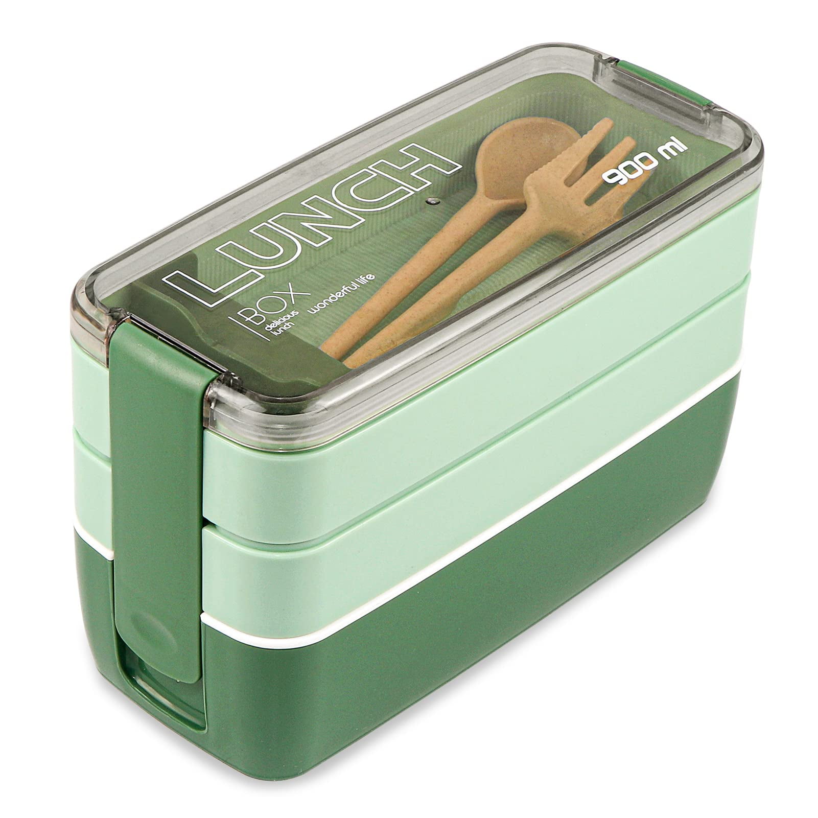 Rarapop Green Stackable Bento Lunch Box Kit, 3-In-1 Compartment Wheat Straw  Lunch Containers with Tableware, Reusable On-the-Go Meal and Snack