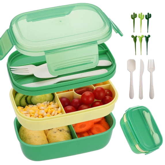 Bento Box Lunch Box Container, 3 Stackable All-in-One LERWAY Lunchbox Container with Utensil Set and Fruit Fork, 1900ml, Green