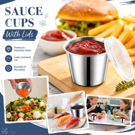 Bento Box Sauce Pod with Clear Cover, Stainless Steel Serving Cup, Grade Prep Sculpted Piece, Tailgating Portable Dipping Container, 2.5Oz Compact Dishwasher Safe Cup for Lunch
