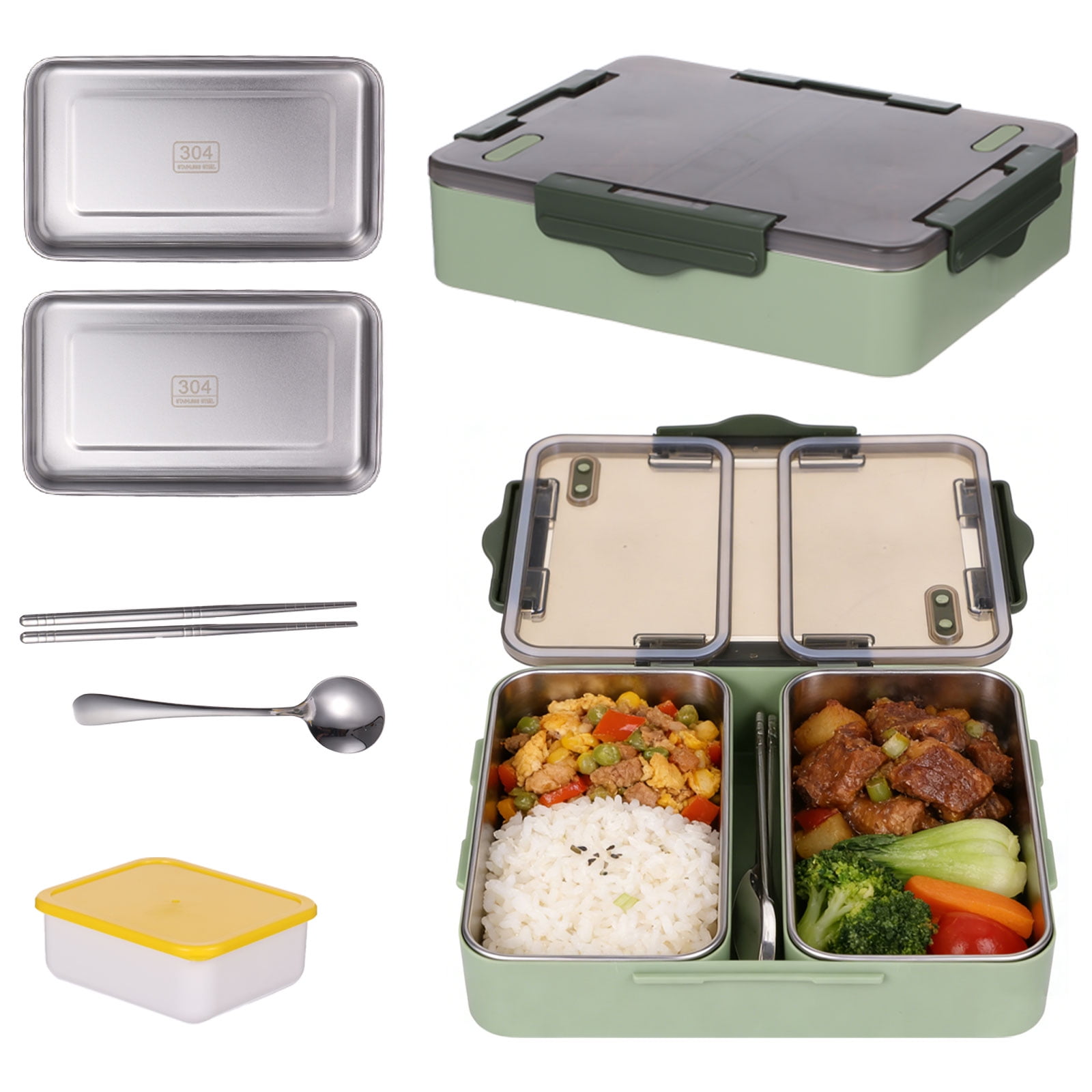 Bento Box Set 1000ml, Leakproof Lunch Container with 2 Stainless Steel Compartments, Microwave-Safe Food Container with Spoon Chopsticks Small Plastic Box for Work Picnic Meal Prep
