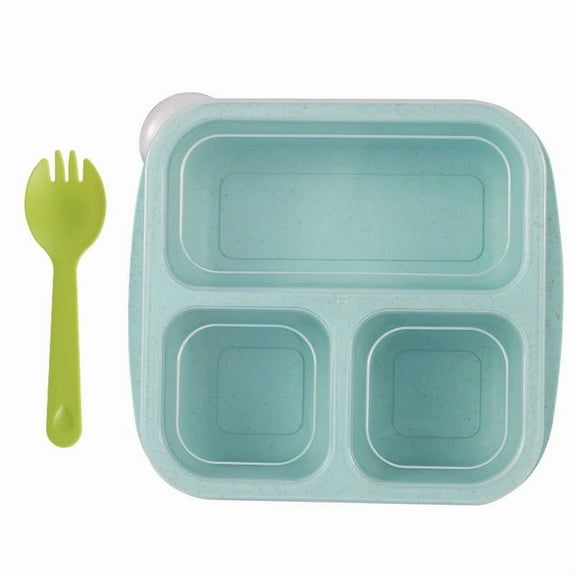 Bento Box Snack Containers 3 Compartments | Reusable Straw Plastic Meal Prep Lunch Box | Microwave Dishwasher Freezer Safe | Portable Portion Control Lunchable Container | 6.58"x5.95"x2.09" | Fork