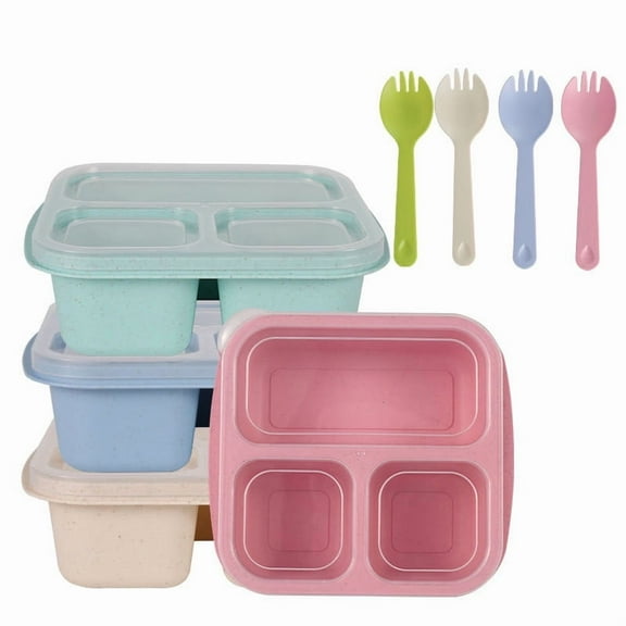Bento Box Snack Containers 3 Compartments | Reusable Straw Plastic Meal Prep Lunch Box | Microwave Dishwasher Freezer Safe | Portable Portion Control Lunchable Container | 6.58"x5.95"x2.09" | Fork