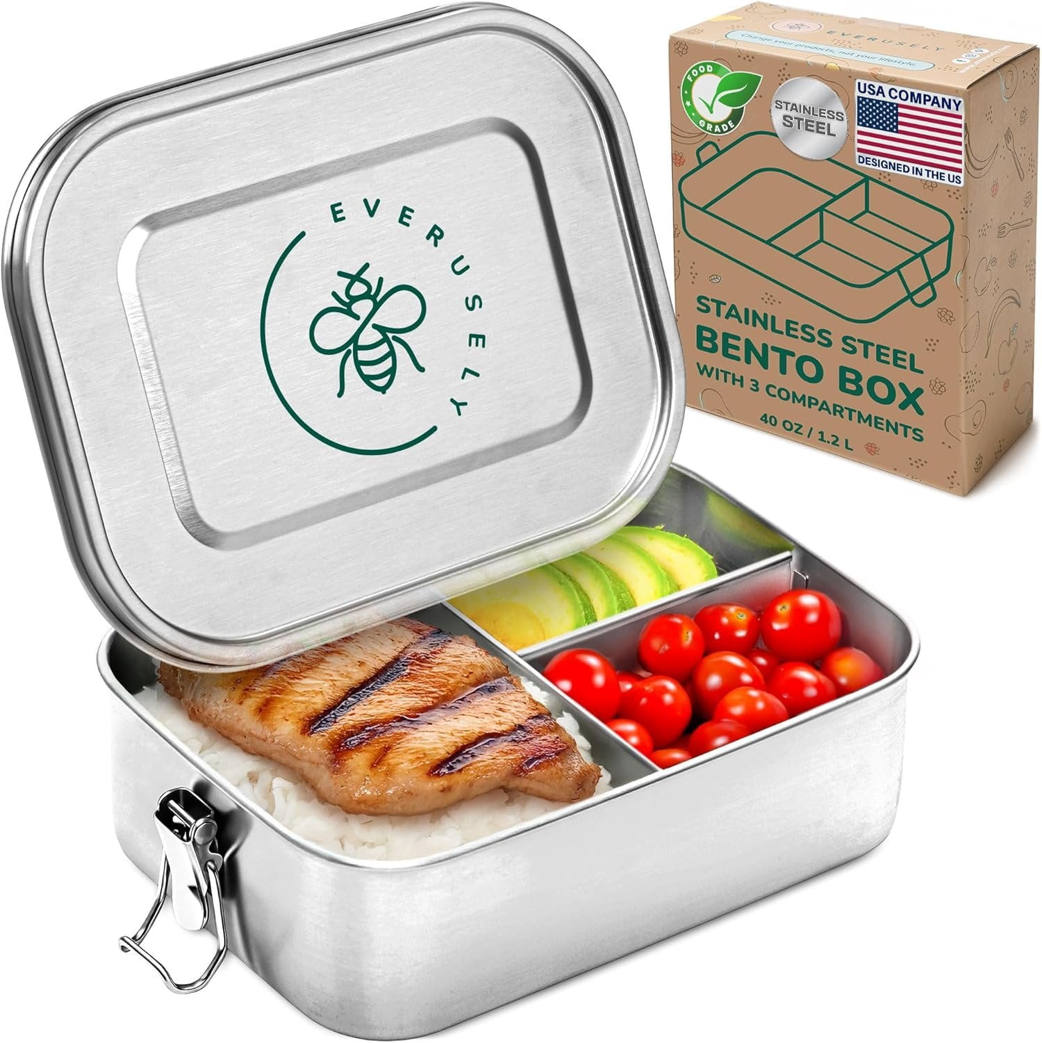 - Bento Box - Stainless Steel Lunch Box for Adults - 40 oz, 1.2 L - 3 ...